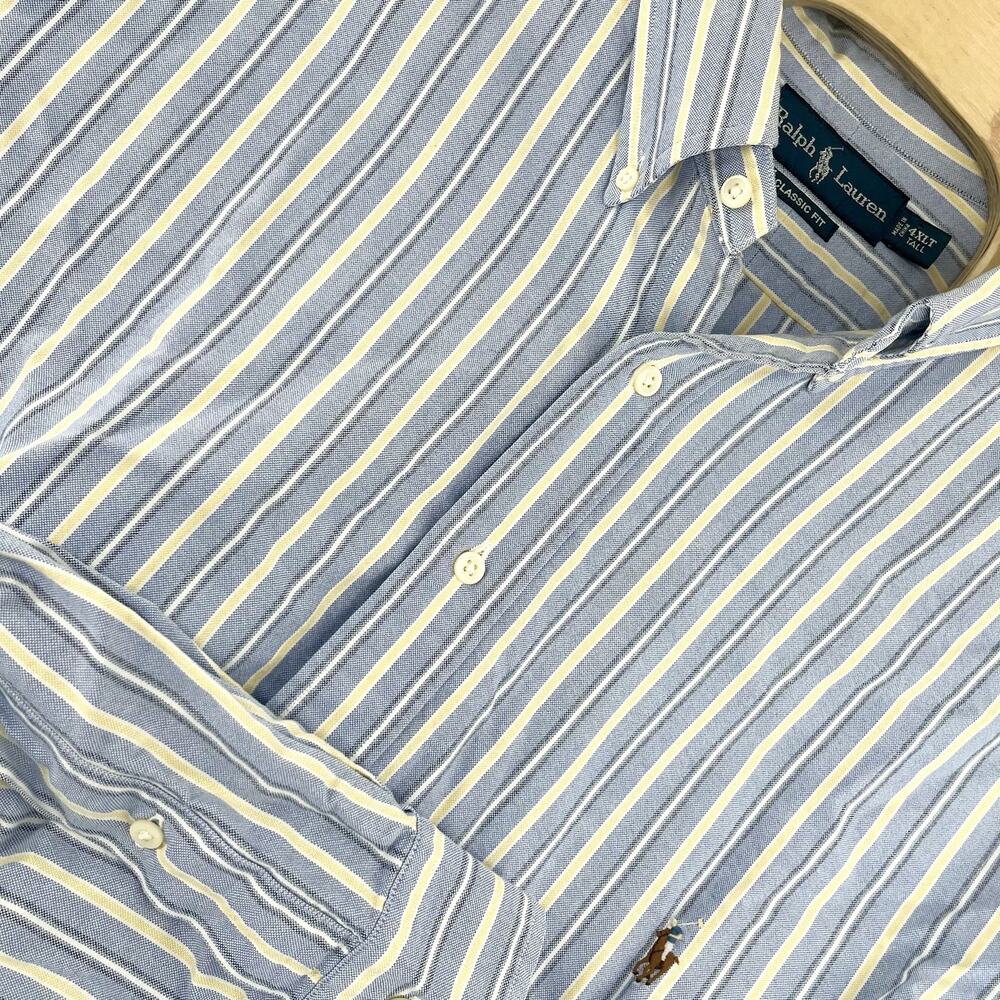 Polo Ralph Lauren 4XLT Classic Fit Blue Denim Color Pony Yellow White Stripe